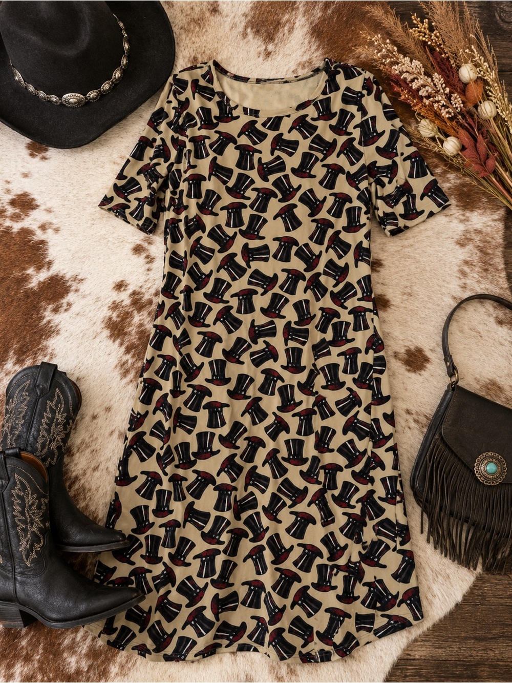 4th Of July Beige Hat-Print Short Sleeve Women's Dress